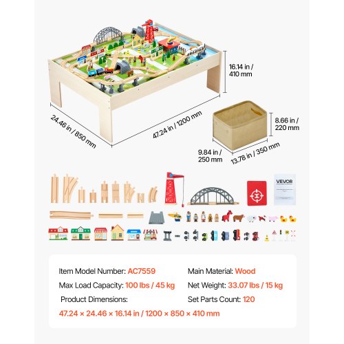 Eisenbahntisch, 120-teiliger Aktivitätstisch aus Holz für Kinder mit faltbarer Aufbewahrungsbox
