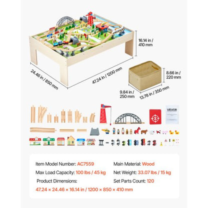 Eisenbahntisch, 120-teiliger Aktivitätstisch aus Holz für Kinder mit faltbarer Aufbewahrungsbox