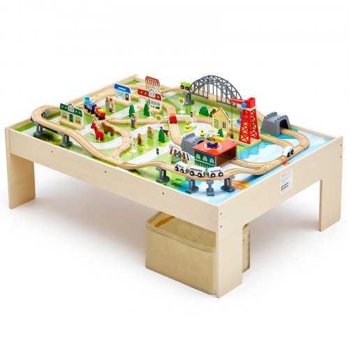 Train Table, 120 Multicolor Pieces Wooden Kids Activity Table with Collapsible Storage Bin, 3-in-1 Wooden Train Set for Gaming, Drawing, Reading, Eating, Creative Toy Set for Kids Ages 3+