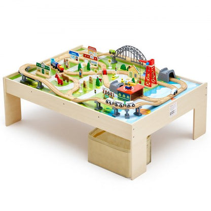 Train Table, 120 Multicolor Pieces Wooden Kids Activity Table with Collapsible Storage Bin, 3-in-1 Wooden Train Set for Gaming, Drawing, Reading, Eating, Creative Toy Set for Kids Ages 3+