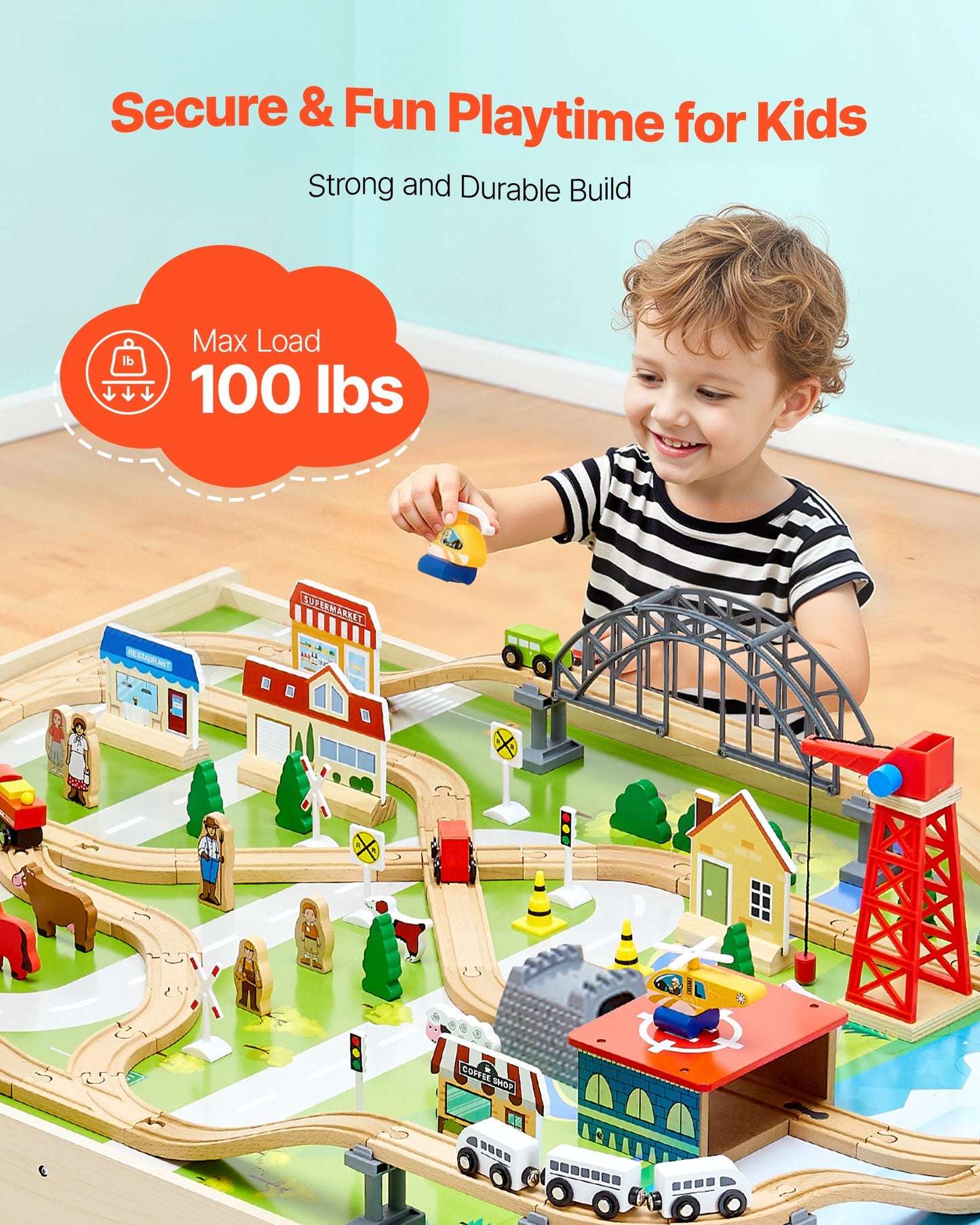 Train Table, 120 Multicolor Pieces Wooden Kids Activity Table with Collapsible Storage Bin, 3-in-1 Wooden Train Set for Gaming, Drawing, Reading, Eating, Creative Toy Set for Kids Ages 3+