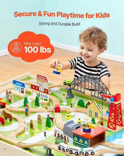 Train Table, 120 Multicolor Pieces Wooden Kids Activity Table with Collapsible Storage Bin, 3-in-1 Wooden Train Set for Gaming, Drawing, Reading, Eating, Creative Toy Set for Kids Ages 3+