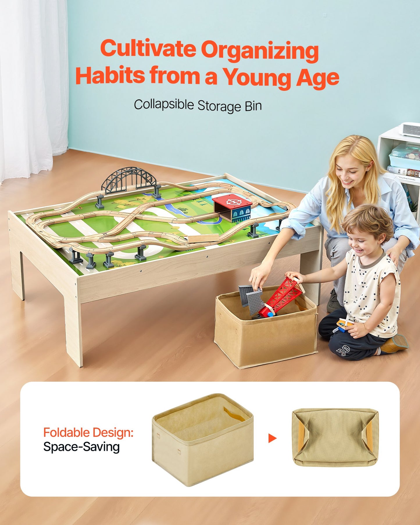 Train Table, 120 Multicolor Pieces Wooden Kids Activity Table with Collapsible Storage Bin, 3-in-1 Wooden Train Set for Gaming, Drawing, Reading, Eating, Creative Toy Set for Kids Ages 3+