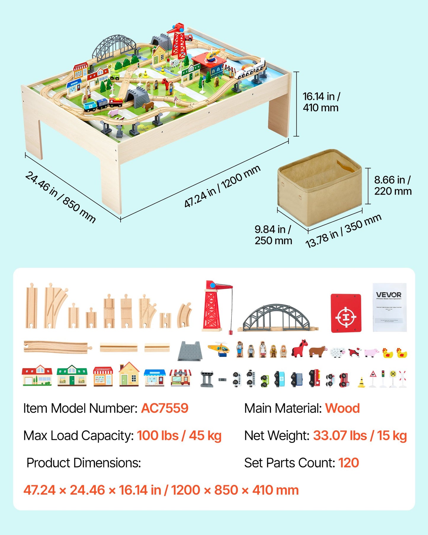 Train Table, 120 Multicolor Pieces Wooden Kids Activity Table with Collapsible Storage Bin, 3-in-1 Wooden Train Set for Gaming, Drawing, Reading, Eating, Creative Toy Set for Kids Ages 3+