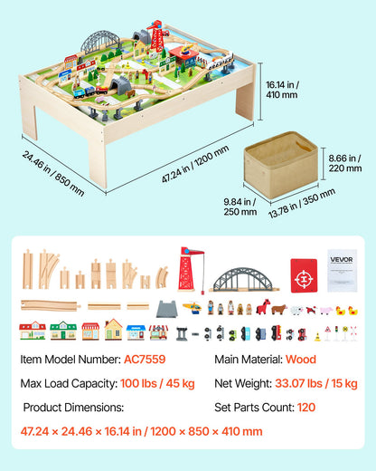 Train Table, 120 Multicolor Pieces Wooden Kids Activity Table with Collapsible Storage Bin, 3-in-1 Wooden Train Set for Gaming, Drawing, Reading, Eating, Creative Toy Set for Kids Ages 3+