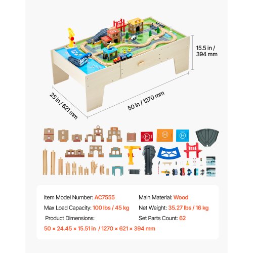 Eisenbahntisch, 62-teilig, Aktivitätstisch aus Holz für Kinder mit großer Aufbewahrungsschublade