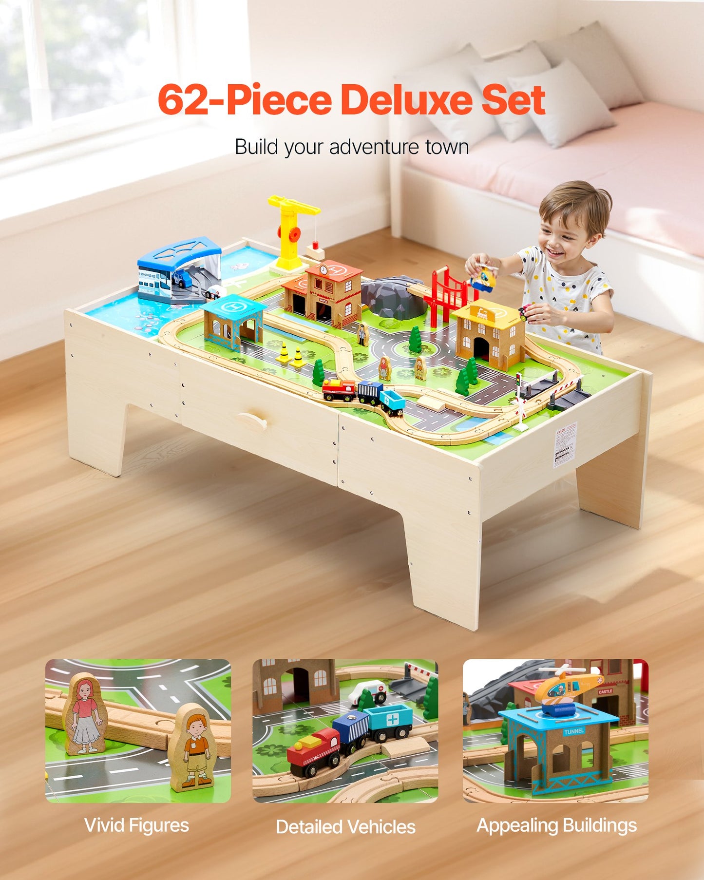 Train Table, 62 Multicolor Pieces Wooden Kids Activity Table with Large Storage Drawer, 3-in-1 Wooden Train Set for Playing, Drawing, Reading, Eating, Creative Toy Set for Kids Ages 3+
