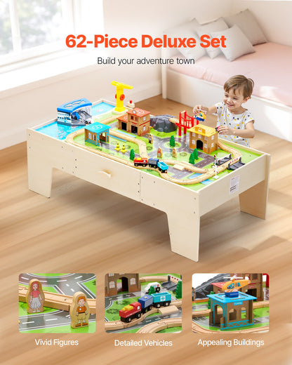 Train Table, 62 Multicolor Pieces Wooden Kids Activity Table with Large Storage Drawer, 3-in-1 Wooden Train Set for Playing, Drawing, Reading, Eating, Creative Toy Set for Kids Ages 3+