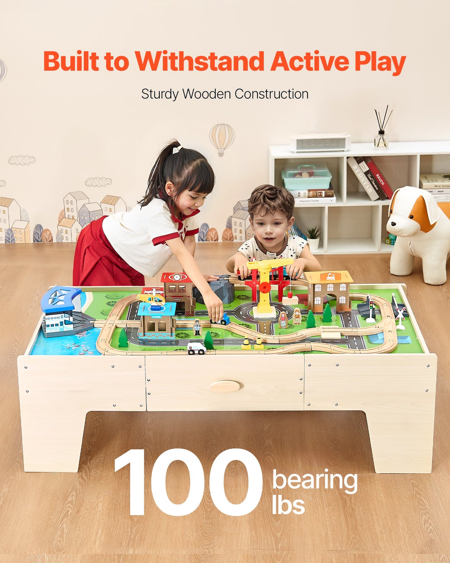 Train Table, 62 Multicolor Pieces Wooden Kids Activity Table with Large Storage Drawer, 3-in-1 Wooden Train Set for Playing, Drawing, Reading, Eating, Creative Toy Set for Kids Ages 3+