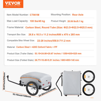 Bike Cargo Trailer, 88/100/160 lbs Load Capacity, Heavy-Duty Bicycle Wagon Cart, Foldable Compact Storage with Universal Hitch