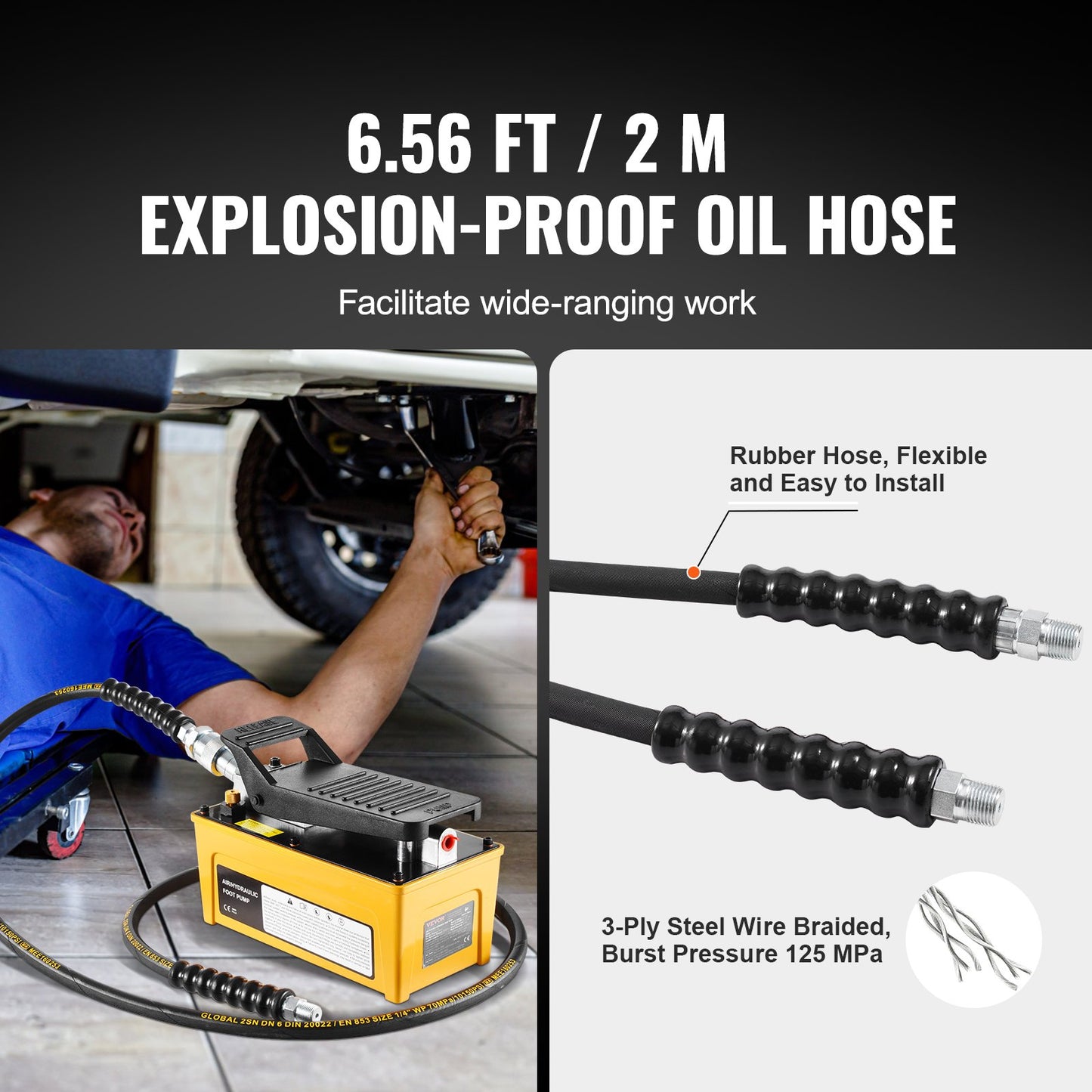 Lufthydraulikpumpe 10000 PSI, 1,6-l-Öltank, 340 l/min Luftstrom, Npt 3/8-Zoll-Ölauslass, Npt 1/4-Zoll-Einlass, luftbetriebene Fußpumpe mit 6,56 Fuß/2 m langem Ölschlauch für Autoreparaturrahmenmaschinen und Hydraulikpressen