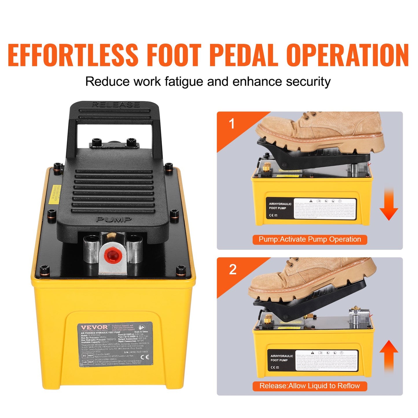 Lufthydraulikpumpe 10000 PSI, 1,6-l-Öltank, 340 l/min Luftstrom, Npt 3/8-Zoll-Ölauslass, Npt 1/4-Zoll-Einlass, luftbetriebene Fußpumpe mit 6,56 Fuß/2 m langem Ölschlauch für Autoreparaturrahmenmaschinen und Hydraulikpressen