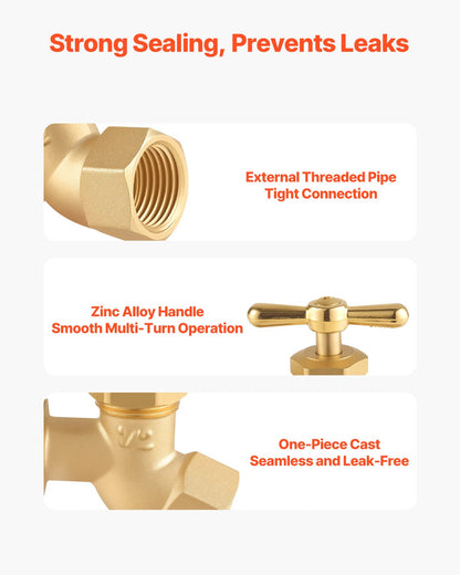 Hose Bibb, 1/2" FIP x 3/4" MHT Connection, Multi-Turn Garden Valve, Heavy Duty Brass Hose Bib, Outdoor Water Faucet Spigot, Brass Plumbing Fitting, Compatible with Copper, Galvanized Pipes