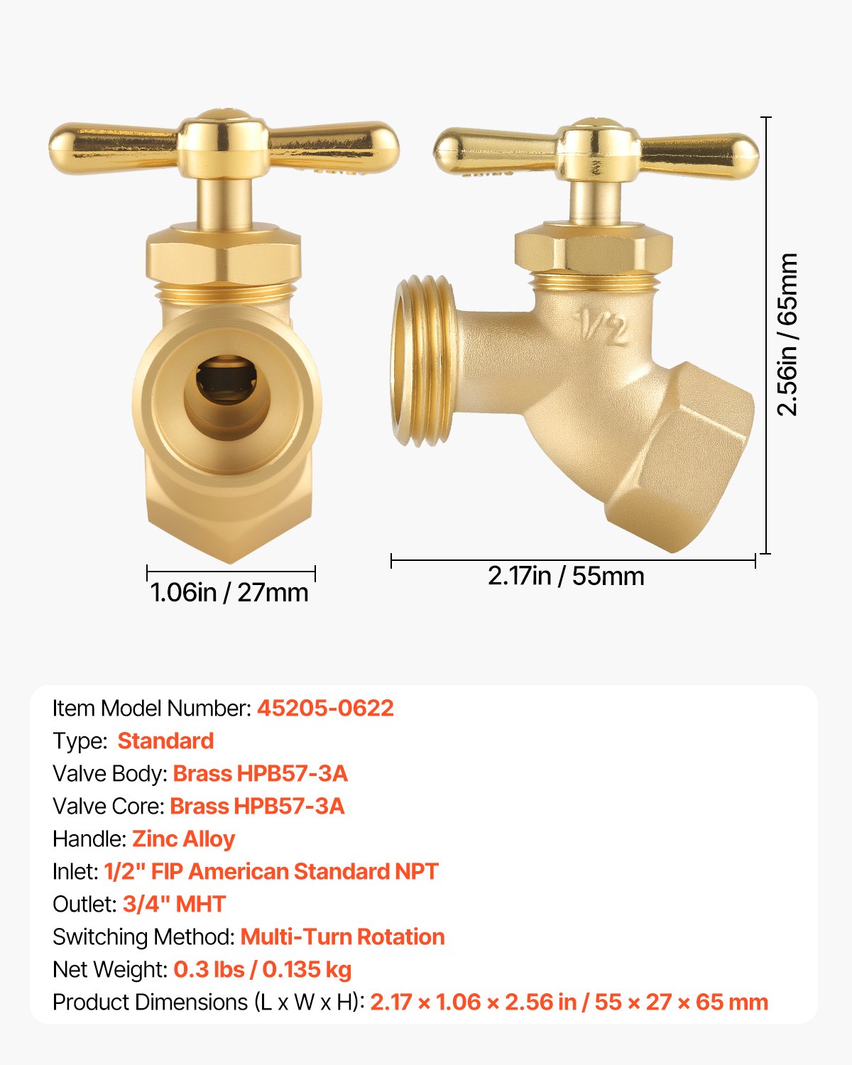 Hose Bibb, 1/2" FIP x 3/4" MHT Connection, Multi-Turn Garden Valve, Heavy Duty Brass Hose Bib, Outdoor Water Faucet Spigot, Brass Plumbing Fitting, Compatible with Copper, Galvanized Pipes