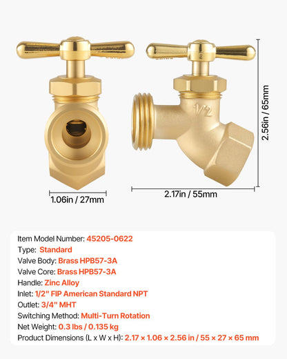 Hose Bibb, 1/2" FIP x 3/4" MHT Connection, Multi-Turn Garden Valve, Heavy Duty Brass Hose Bib, Outdoor Water Faucet Spigot, Brass Plumbing Fitting, Compatible with Copper, Galvanized Pipes