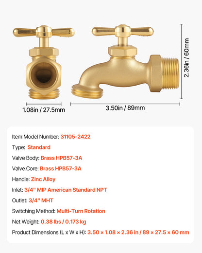 Hose Bibb, 3/4" MIP x 3/4" MHT Connection, Multi-Turn Garden Valve, Heavy Duty Brass Hose Bib, Outdoor Water Faucet Spigot, Brass Plumbing Fitting, Compatible with Copper, Galvanized Pipes