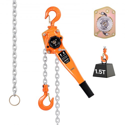 Manual Lever Chain Hoist, 1-1/2T 3300LBS Capacity Heavy Duty Come Along, 20FT Lift G80 Alloy Steel Chain With Dual Pawl Mechanical Brake,360°Rotating Hooks, for Warehouse Construction Garage