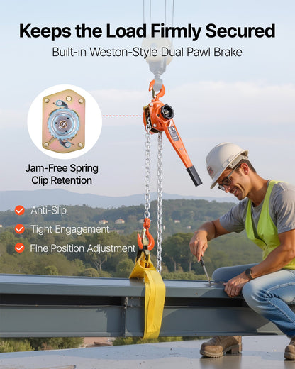 Manual Lever Chain Hoist, 1-1/2T 3300LBS Capacity Heavy Duty Come Along, 20FT Lift G80 Alloy Steel Chain With Dual Pawl Mechanical Brake,360°Rotating Hooks, for Warehouse Construction Garage