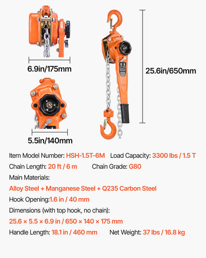 Manual Lever Chain Hoist, 1-1/2T 3300LBS Capacity Heavy Duty Come Along, 20FT Lift G80 Alloy Steel Chain With Dual Pawl Mechanical Brake,360°Rotating Hooks, for Warehouse Construction Garage