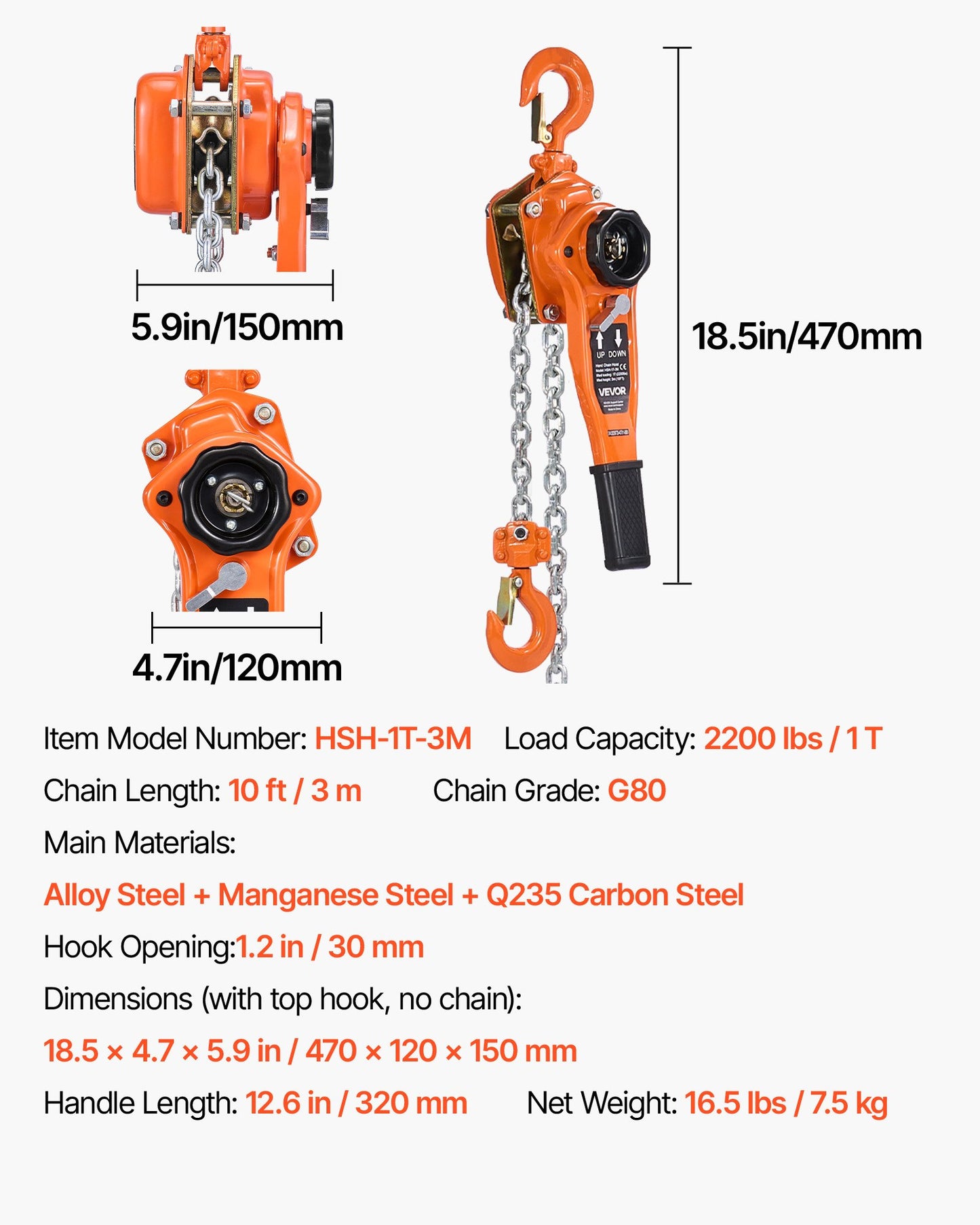 Manual Lever Chain Hoist, 1T 2200LBS Capacity Heavy Duty Come Along, 10FT Lift G80 Alloy Steel Chain With Dual Pawl Mechanical Brake,360°Rotating Hooks, for Warehouse Construction Garage