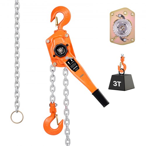 Manual Lever Chain Hoist, 3T 6600LBS Capacity Heavy Duty Come Along, 10FT Lift G80 Alloy Steel Chain With Dual Pawl Mechanical Brake,360°Rotating Hooks, for Warehouse Construction Garage