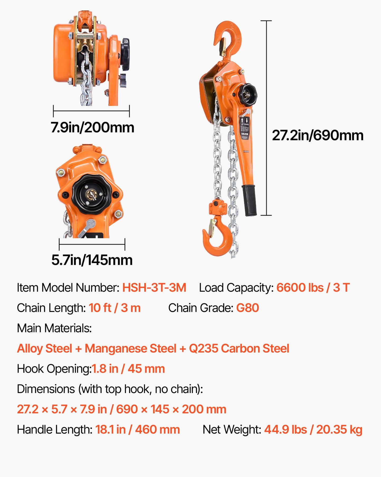 Manual Lever Chain Hoist, 3T 6600LBS Capacity Heavy Duty Come Along, 10FT Lift G80 Alloy Steel Chain With Dual Pawl Mechanical Brake,360°Rotating Hooks, for Warehouse Construction Garage