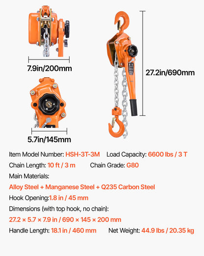 Manual Lever Chain Hoist, 3T 6600LBS Capacity Heavy Duty Come Along, 10FT Lift G80 Alloy Steel Chain With Dual Pawl Mechanical Brake,360°Rotating Hooks, for Warehouse Construction Garage