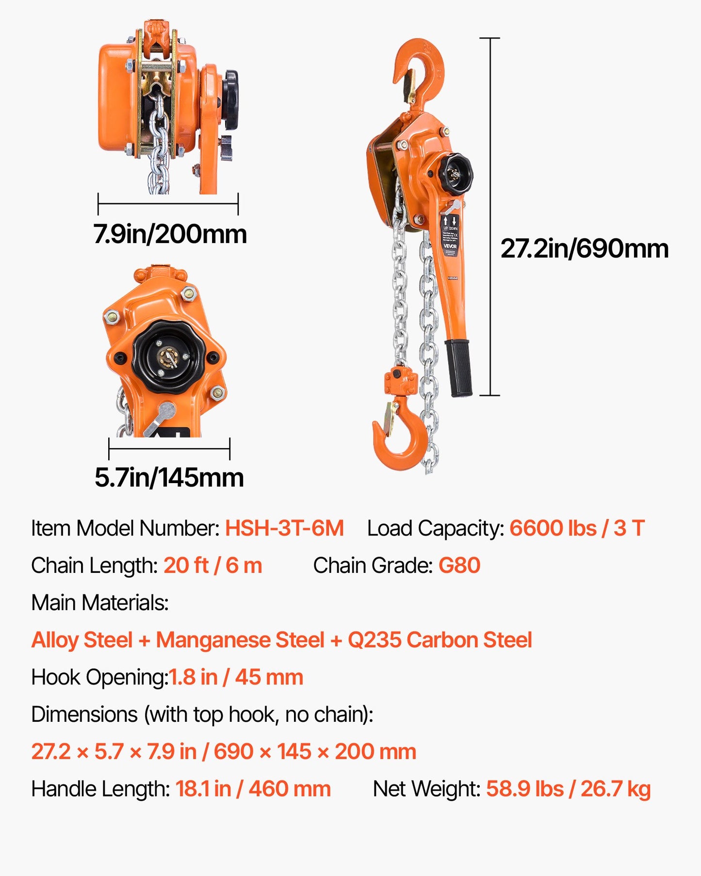 Manual Lever Chain Hoist, 3T 6600LBS Capacity Heavy Duty Come Along, 20FT Lift G80 Alloy Steel Chain With Dual Pawl Mechanical Brake,360°Rotating Hooks, for Warehouse Construction Garage
