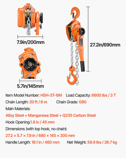 Manual Lever Chain Hoist, 3T 6600LBS Capacity Heavy Duty Come Along, 20FT Lift G80 Alloy Steel Chain With Dual Pawl Mechanical Brake,360°Rotating Hooks, for Warehouse Construction Garage