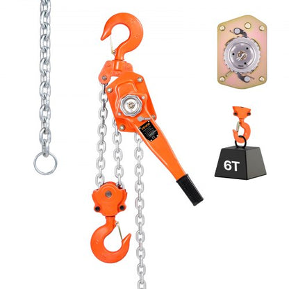 Manual Lever Chain Hoist, 6T 13200LBS Capacity Heavy Duty Come Along, 20FT Lift G80 Alloy Steel Chain With Dual Pawl Mechanical Brake,360°Rotating Hooks, for Warehouse Construction Garage