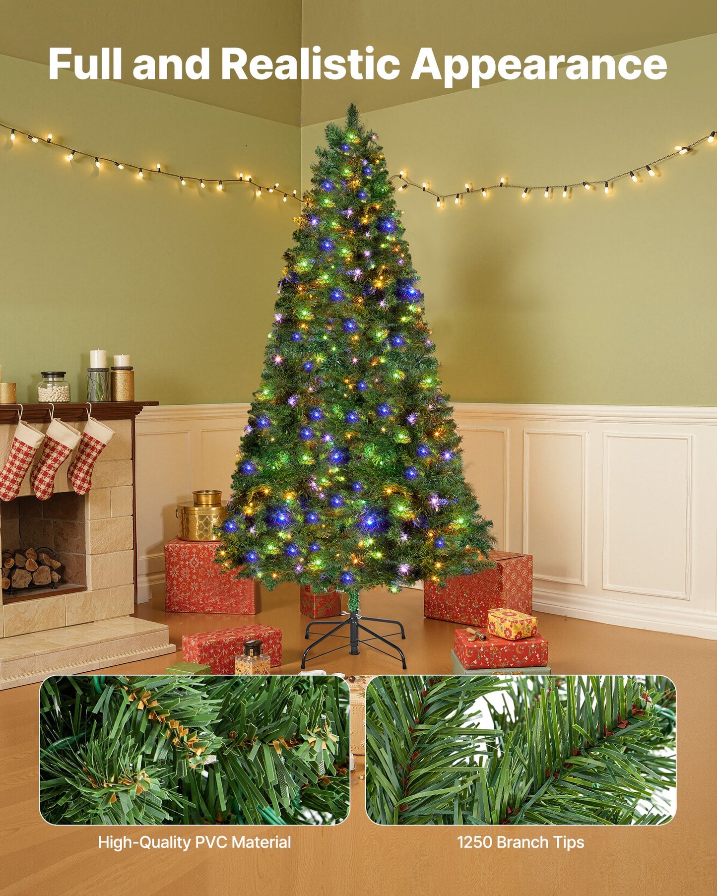 Christmas Tree, 6ft Prelit Artificial Xmas Tree, Full Holiday Decor Trees with 330 Colorful LED Lights, 11 Lighting Modes, 1250 Branch Tips & Sturdy Metal Base for Home Party Office Decoration