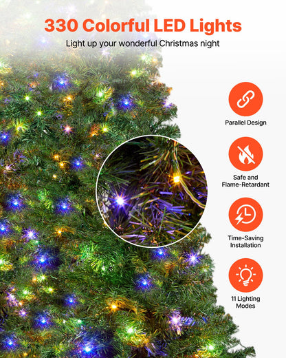 Christmas Tree, 6ft Prelit Artificial Xmas Tree, Full Holiday Decor Trees with 330 Colorful LED Lights, 11 Lighting Modes, 1250 Branch Tips & Sturdy Metal Base for Home Party Office Decoration