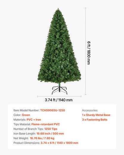 Christmas Tree, 6ft Artificial Xmas Tree, Full Holiday Decor Trees with 1250 Branch Tips & Sturdy Metal Base for Home Party Office Decoration