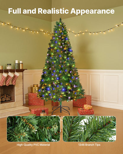 Christmas Tree, 7.2ft Prelit Artificial Xmas Tree, Full Holiday Decor Trees with 470 Colorful LED Lights, 11 Lighting Modes, 1346 Branch Tips & Sturdy Metal Base for Home Party Office Decoration