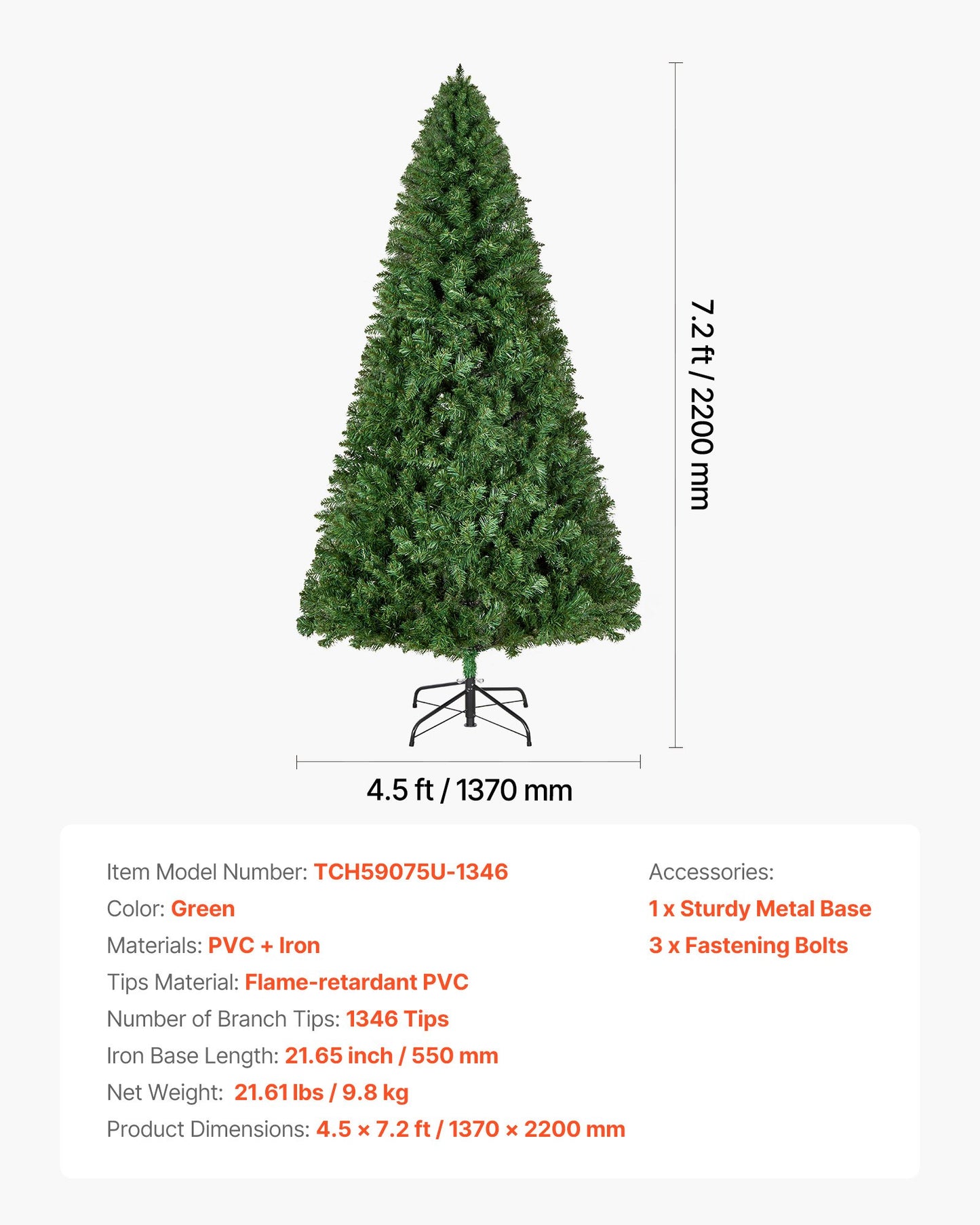 Christmas Tree, 7.2ft Artificial Xmas Tree, Full Holiday Decor Trees with 1346 Branch Tips & Sturdy Metal Base for Home Party Office Decoration