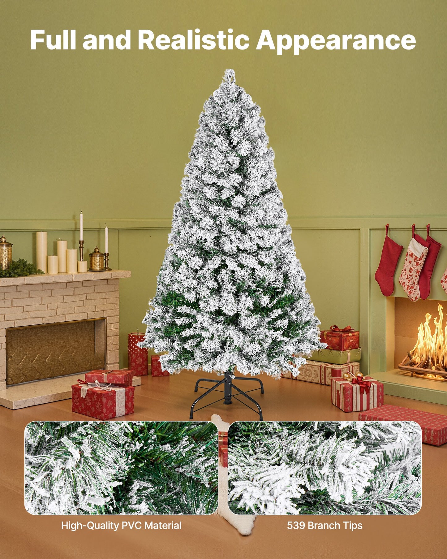 Christmas Tree, 4ft Prelit Flocked Artificial Tree, Full Holiday Xmas Deco Trees with 120 Warm White LED Lights, 8 Lighting Modes & 539 Branch Tips for Home Party Office Decoration