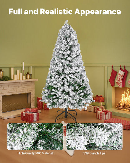 Christmas Tree, 4ft Prelit Flocked Artificial Tree, Full Holiday Xmas Deco Trees with 120 Warm White LED Lights, 8 Lighting Modes & 539 Branch Tips for Home Party Office Decoration