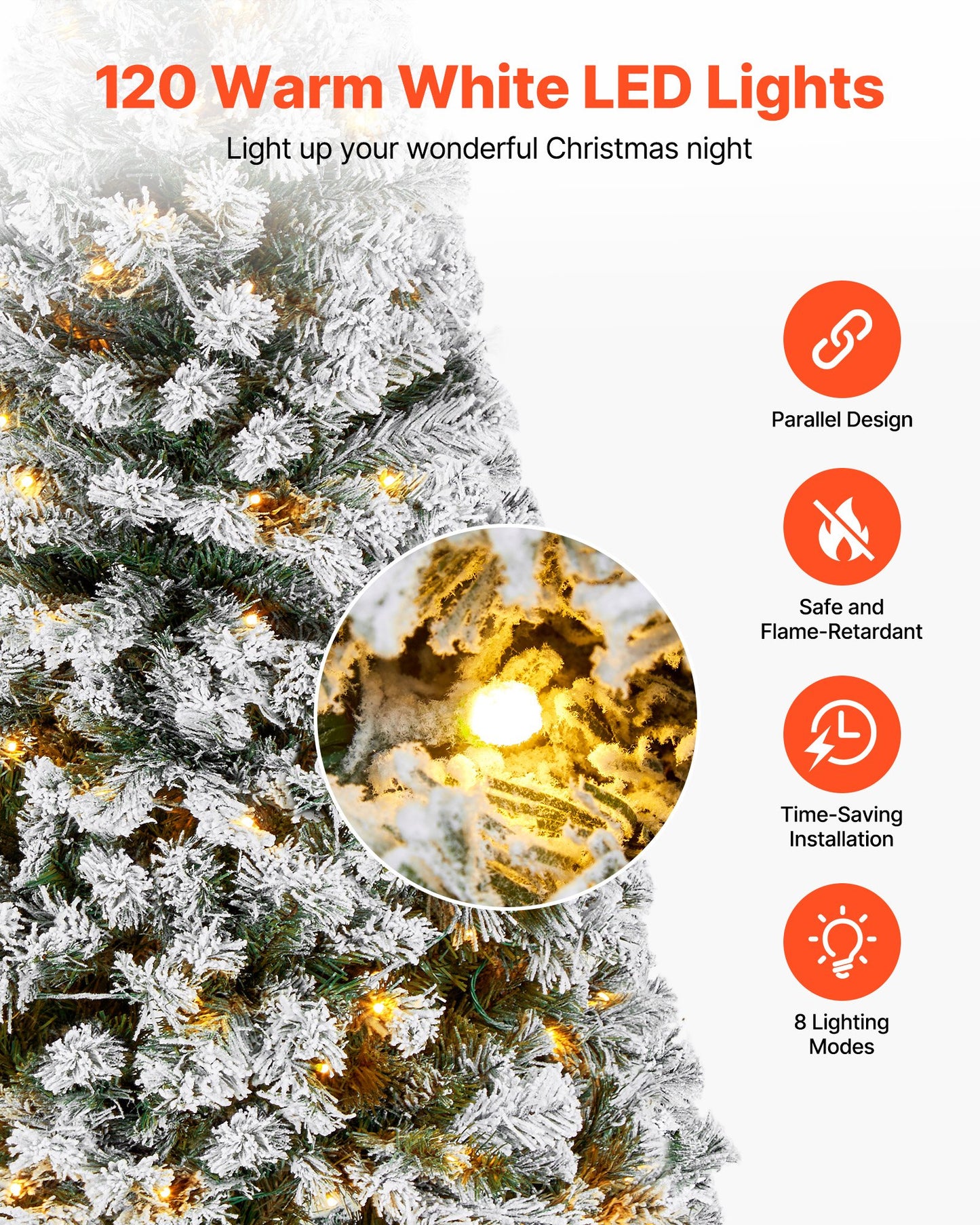 Christmas Tree, 4ft Prelit Flocked Artificial Tree, Full Holiday Xmas Deco Trees with 120 Warm White LED Lights, 8 Lighting Modes & 539 Branch Tips for Home Party Office Decoration