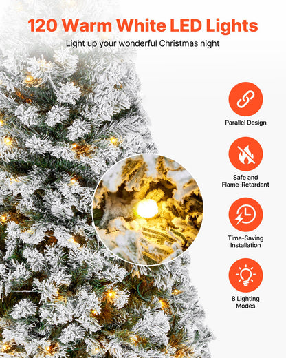 Christmas Tree, 4ft Prelit Flocked Artificial Tree, Full Holiday Xmas Deco Trees with 120 Warm White LED Lights, 8 Lighting Modes & 539 Branch Tips for Home Party Office Decoration