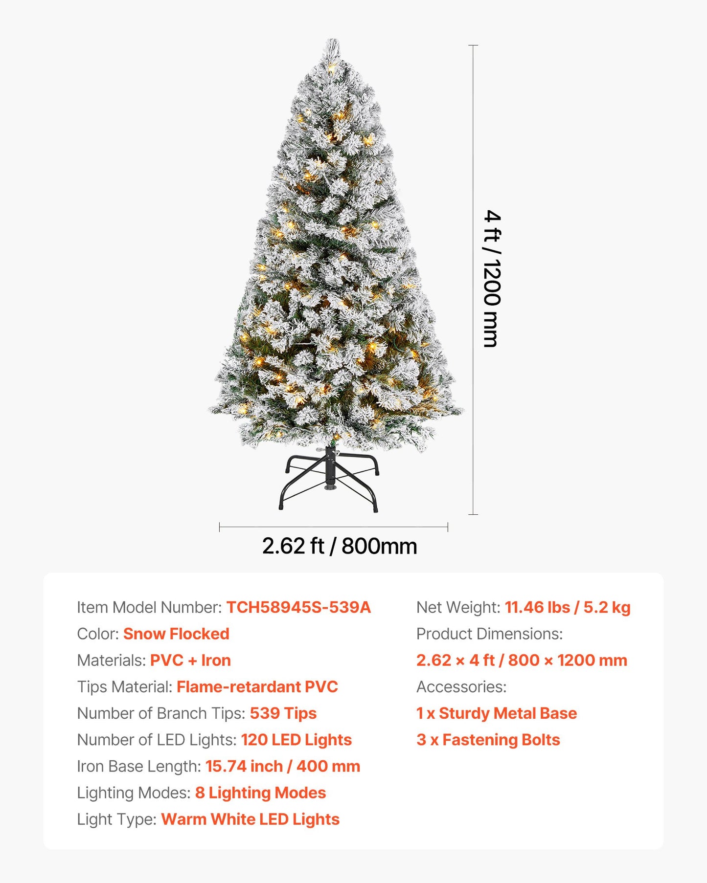 Christmas Tree, 4ft Prelit Flocked Artificial Tree, Full Holiday Xmas Deco Trees with 120 Warm White LED Lights, 8 Lighting Modes & 539 Branch Tips for Home Party Office Decoration