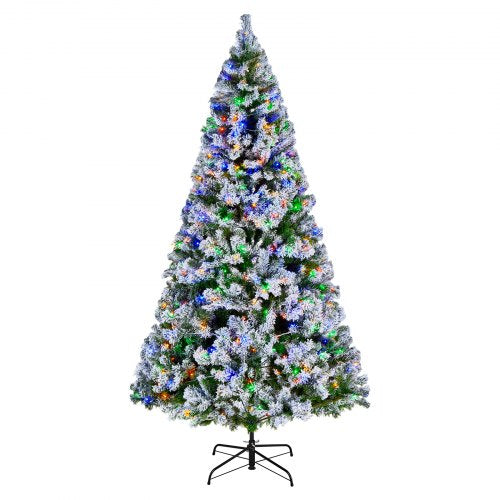 Christmas Tree, 7.2ft Prelit Flocked Artificial Tree, Full Holiday Xmas Deco Trees with 470 Colorful LED Lights, 11 Lighting Modes & 1346 Branch Tips for Home Party Office Decoration
