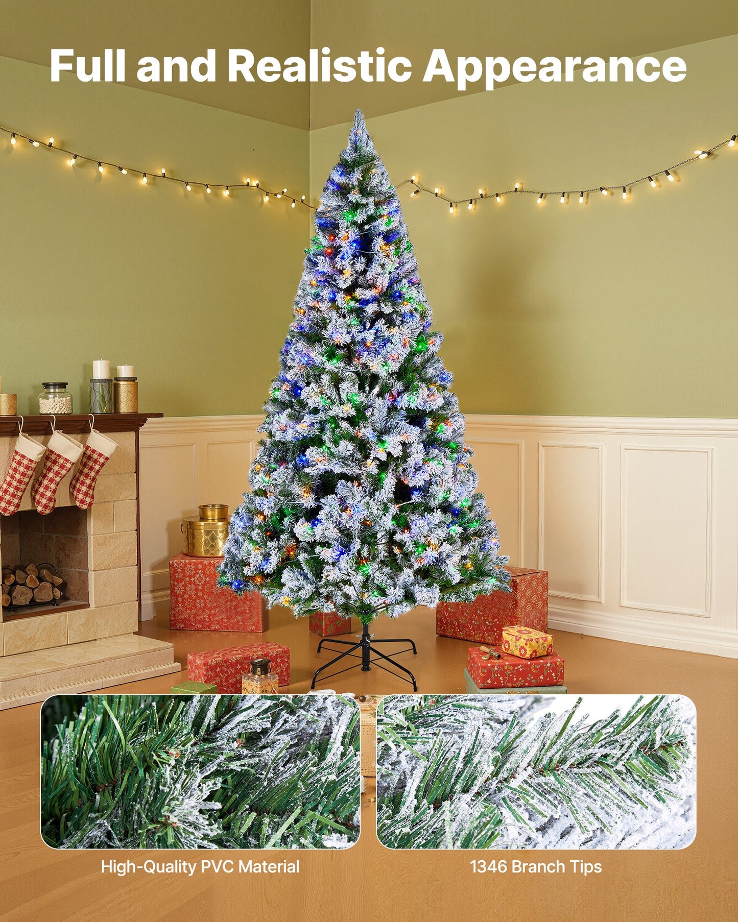 Christmas Tree, 7.2ft Prelit Flocked Artificial Tree, Full Holiday Xmas Deco Trees with 470 Colorful LED Lights, 11 Lighting Modes & 1346 Branch Tips for Home Party Office Decoration