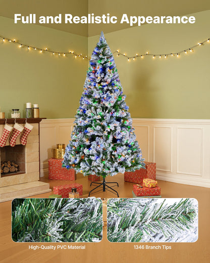 Christmas Tree, 7.2ft Prelit Flocked Artificial Tree, Full Holiday Xmas Deco Trees with 470 Colorful LED Lights, 11 Lighting Modes & 1346 Branch Tips for Home Party Office Decoration