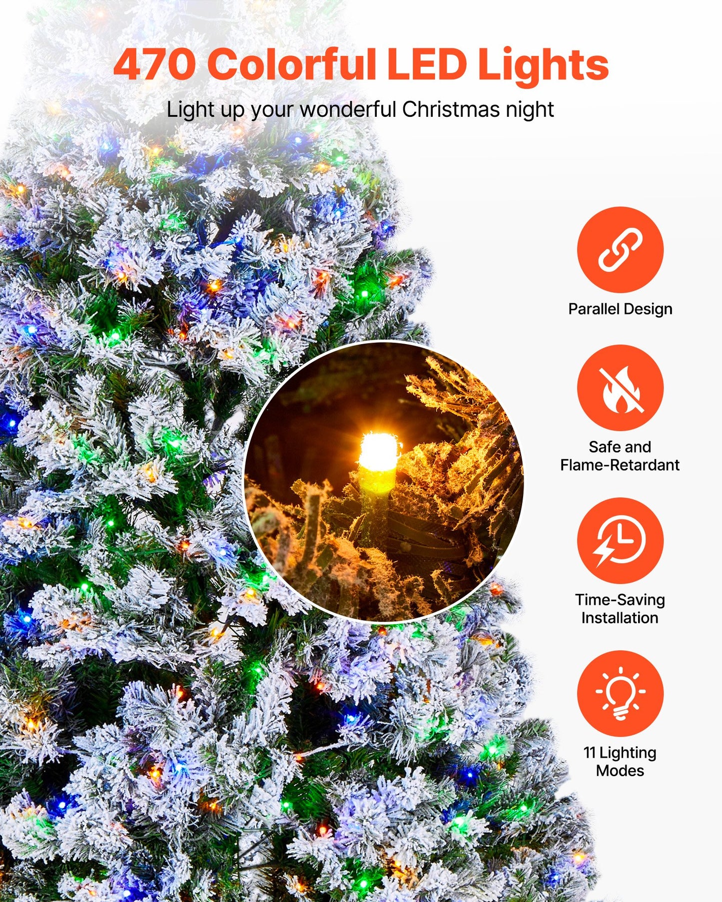 Christmas Tree, 7.2ft Prelit Flocked Artificial Tree, Full Holiday Xmas Deco Trees with 470 Colorful LED Lights, 11 Lighting Modes & 1346 Branch Tips for Home Party Office Decoration