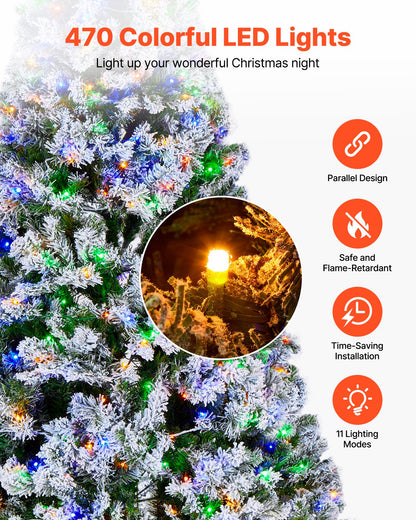 Christmas Tree, 7.2ft Prelit Flocked Artificial Tree, Full Holiday Xmas Deco Trees with 470 Colorful LED Lights, 11 Lighting Modes & 1346 Branch Tips for Home Party Office Decoration