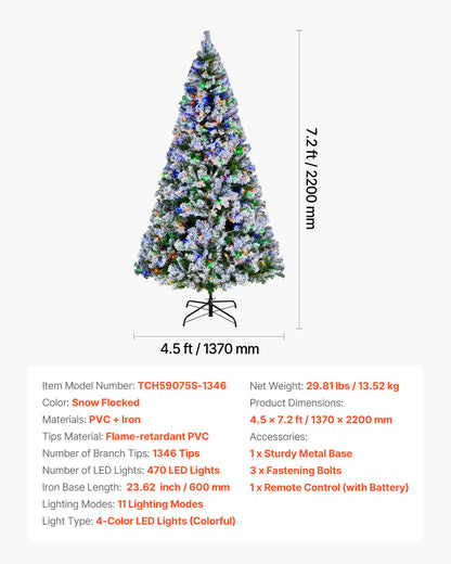 Christmas Tree, 7.2ft Prelit Flocked Artificial Tree, Full Holiday Xmas Deco Trees with 470 Colorful LED Lights, 11 Lighting Modes & 1346 Branch Tips for Home Party Office Decoration