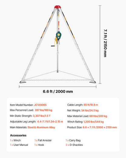 Confined Space Tripod Kit, Heavy Duty Rescue Tripod Lifting Hoist 1200 lbs Winch, 4.1 ft Adjustable Legs, 65 ft Cable Portable Kit, 32.8 ft Fall Protection, 4.40-7.05 ft Working Height