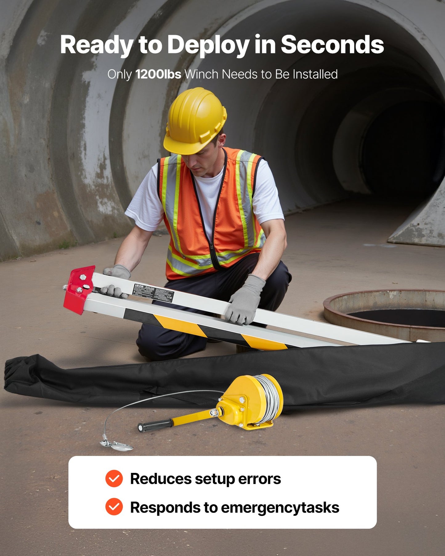 Confined Space Tripod Kit, Heavy Duty Rescue Tripod Lifting Hoist 1200 lbs Winch, 4.1 ft Adjustable Legs, 98.5 ft Cable Portable Kit, 32.8 ft Fall Protection, 4.40-7.05 ft Working Height