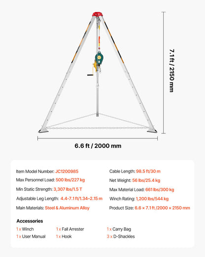 Confined Space Tripod Kit, Heavy Duty Rescue Tripod Lifting Hoist 1200 lbs Winch, 4.1 ft Adjustable Legs, 98.5 ft Cable Portable Kit, 32.8 ft Fall Protection, 4.40-7.05 ft Working Height