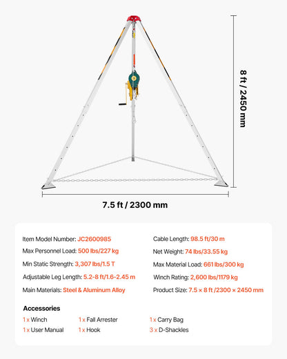Confined Space Tripod Kit, Heavy Duty Rescue Tripod Lifting Hoist 2600 lbs Winch, 4.76 ft Adjustable Legs, 98.5 ft Cable Portable Kit, 32.8 ft Fall Protection, 5.25-8.04 ft Working Height